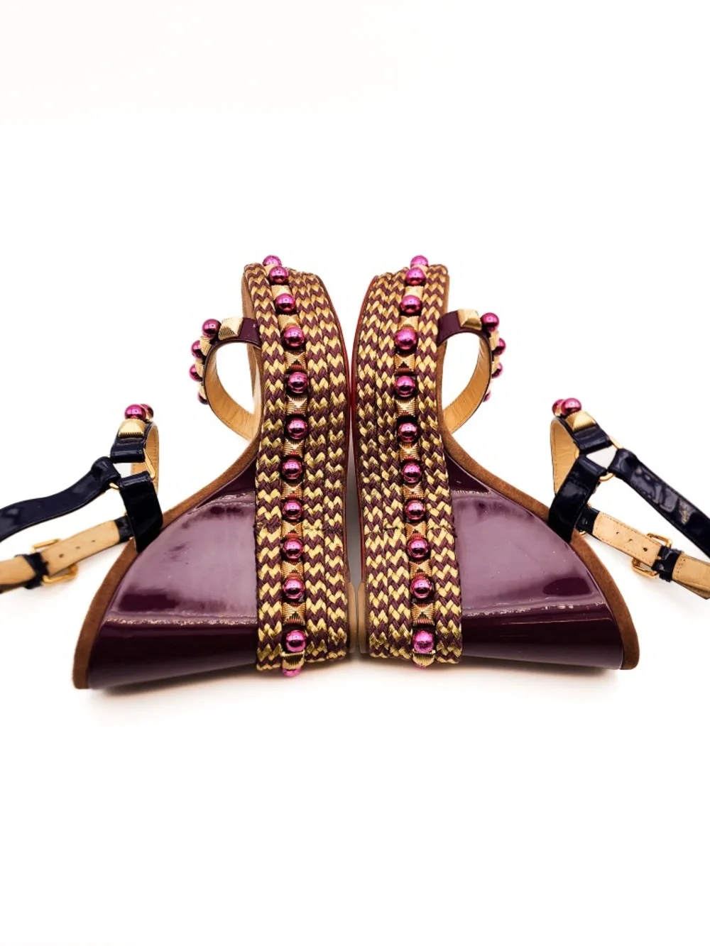 Christian Louboutin Burgundy Brown Studded Wedge Platform Sandals EU 37